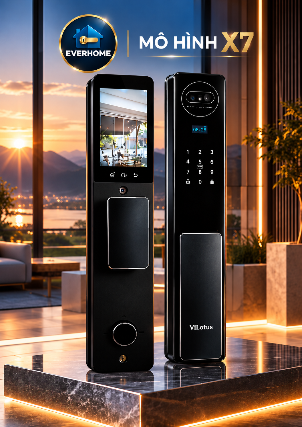 Khóa thông minh Everhome lắp trên cửa gỗ trong không gian nội thất hiện đại